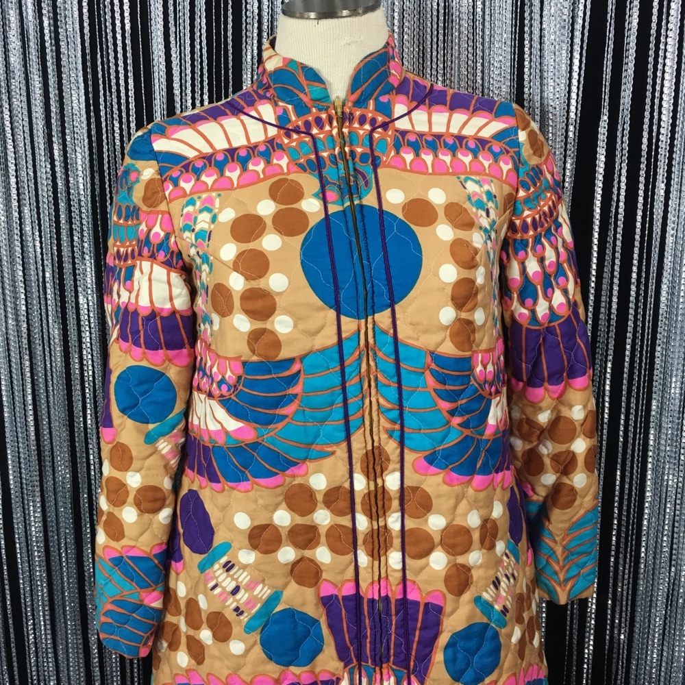 Vintage 60s Psychedelic Bird Quilted House Dress - Picture 4 of 8
